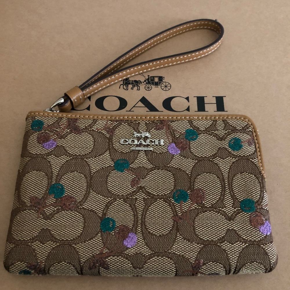 Authentic Coach Signature Khaki/Cherries Wristlet